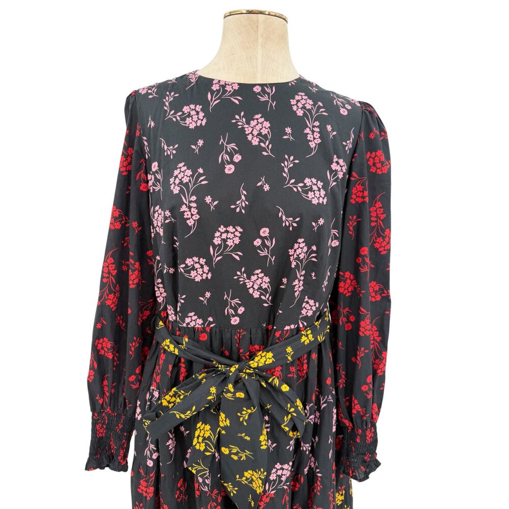 Boden Lyla Tiered Dress Black Falling Sprig Floral Belted Cotton Size 10R - Picture 3 of 8
